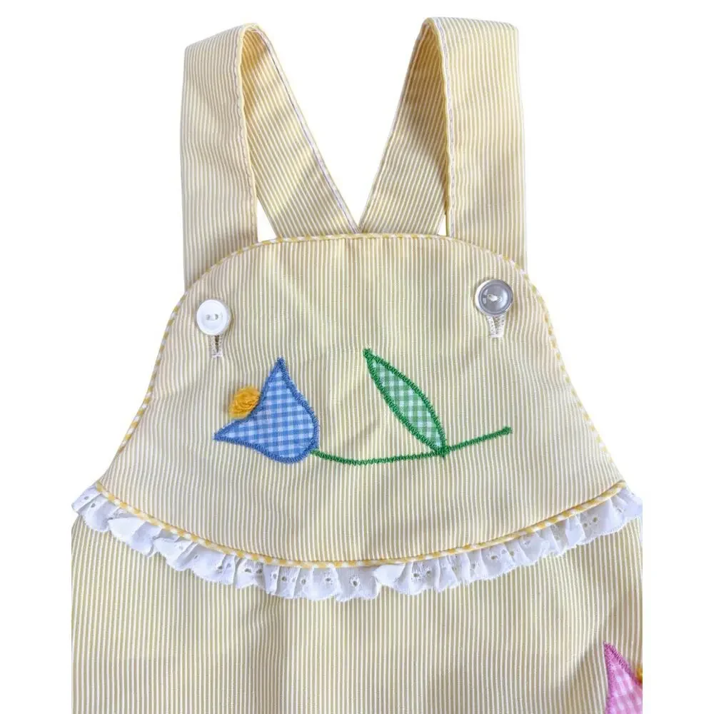 Vintage Baby Girl Yellow Seersucker Bubble Romper Floral Appliqué Spring Sunsuit